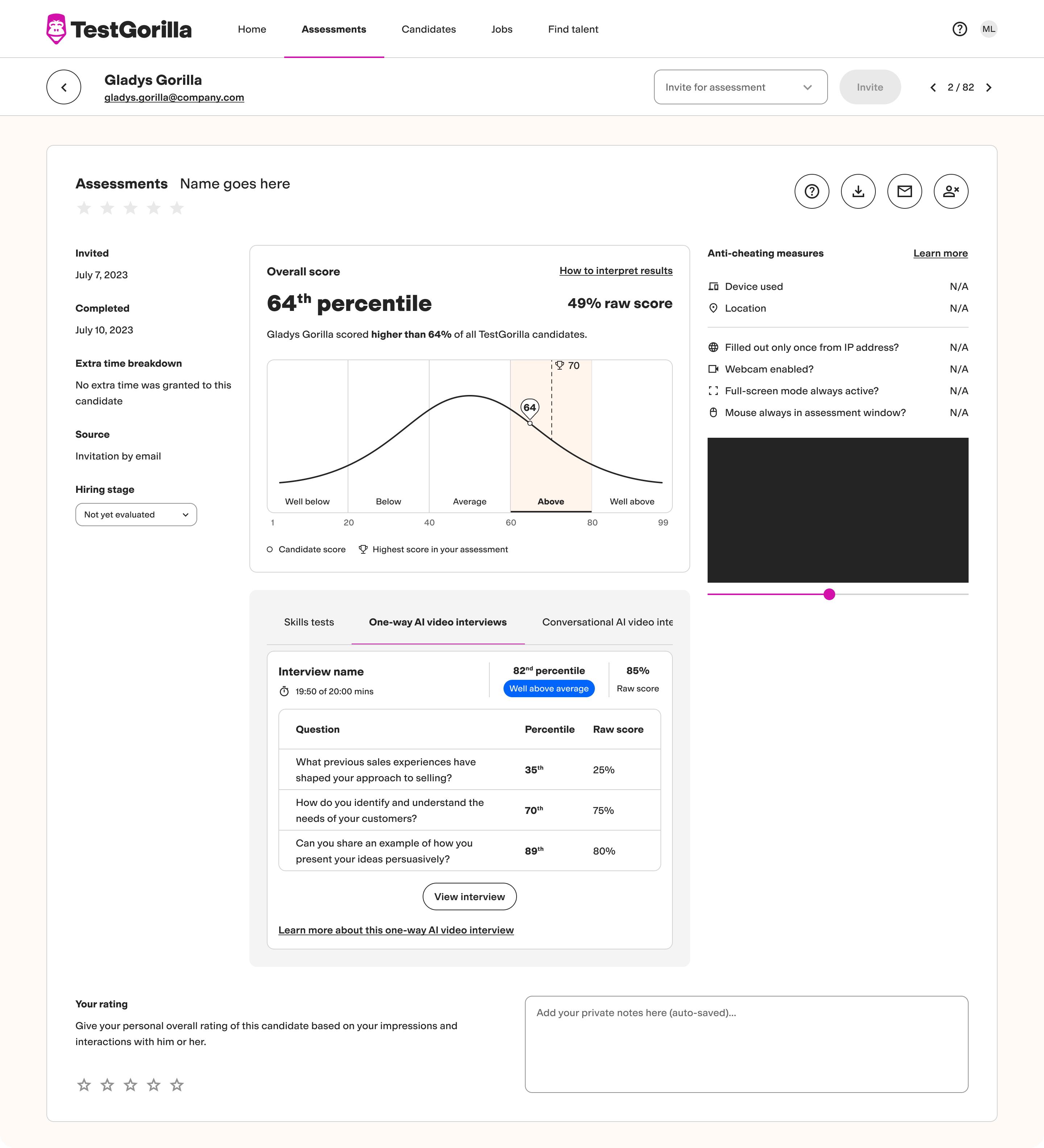Product screenshot showing AI video interview results alongside skills test results in the TestGorilla platform.