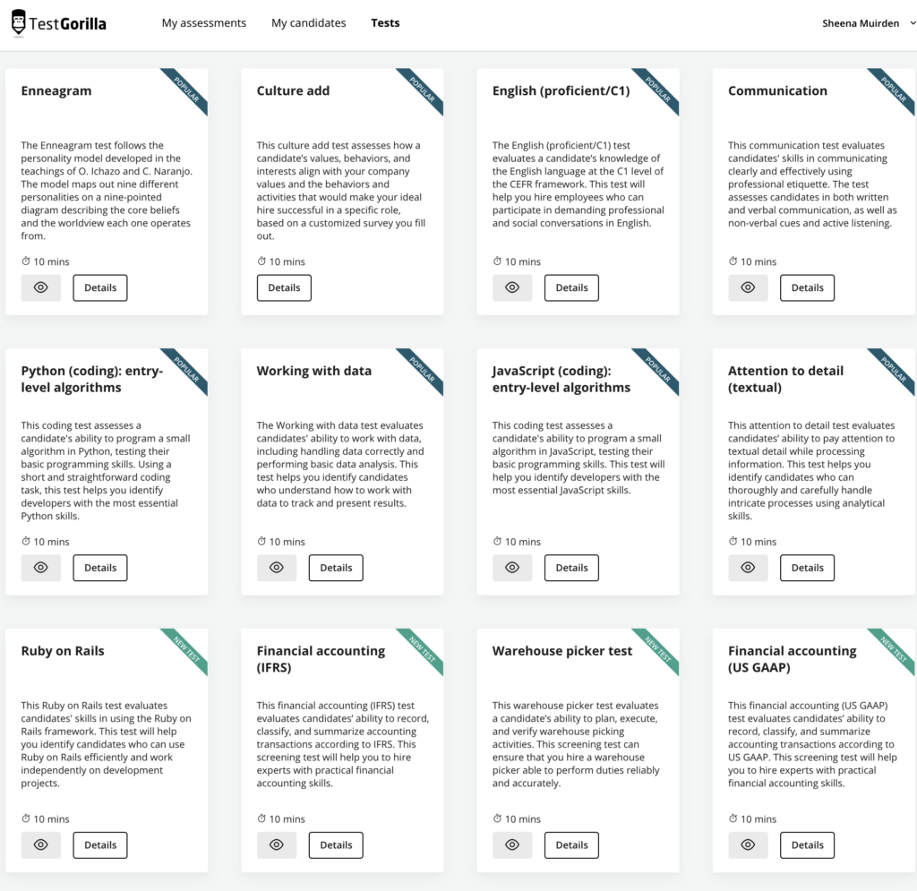 screenshot of skills assessment tests in TestGorilla