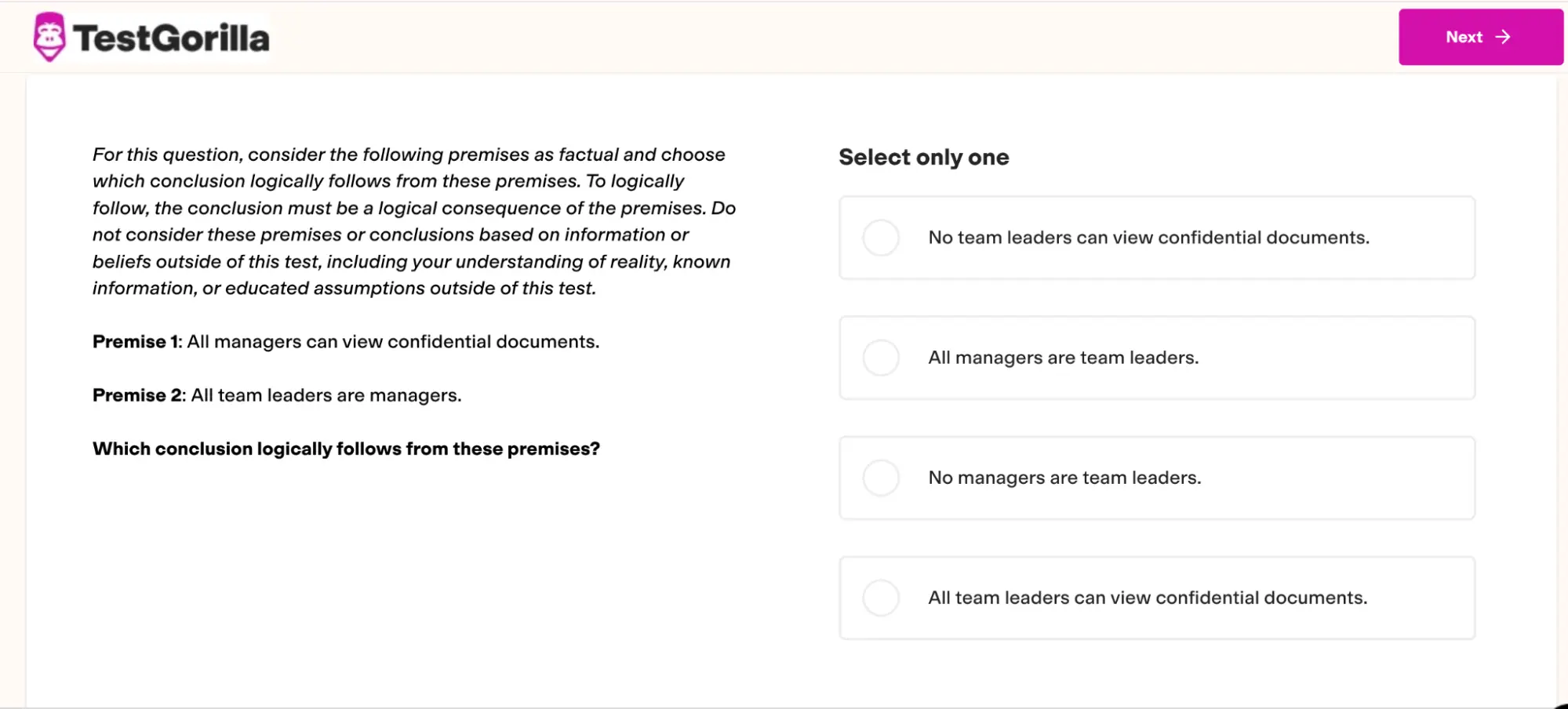 An example question from TestGorilla’s Critical Thinking test