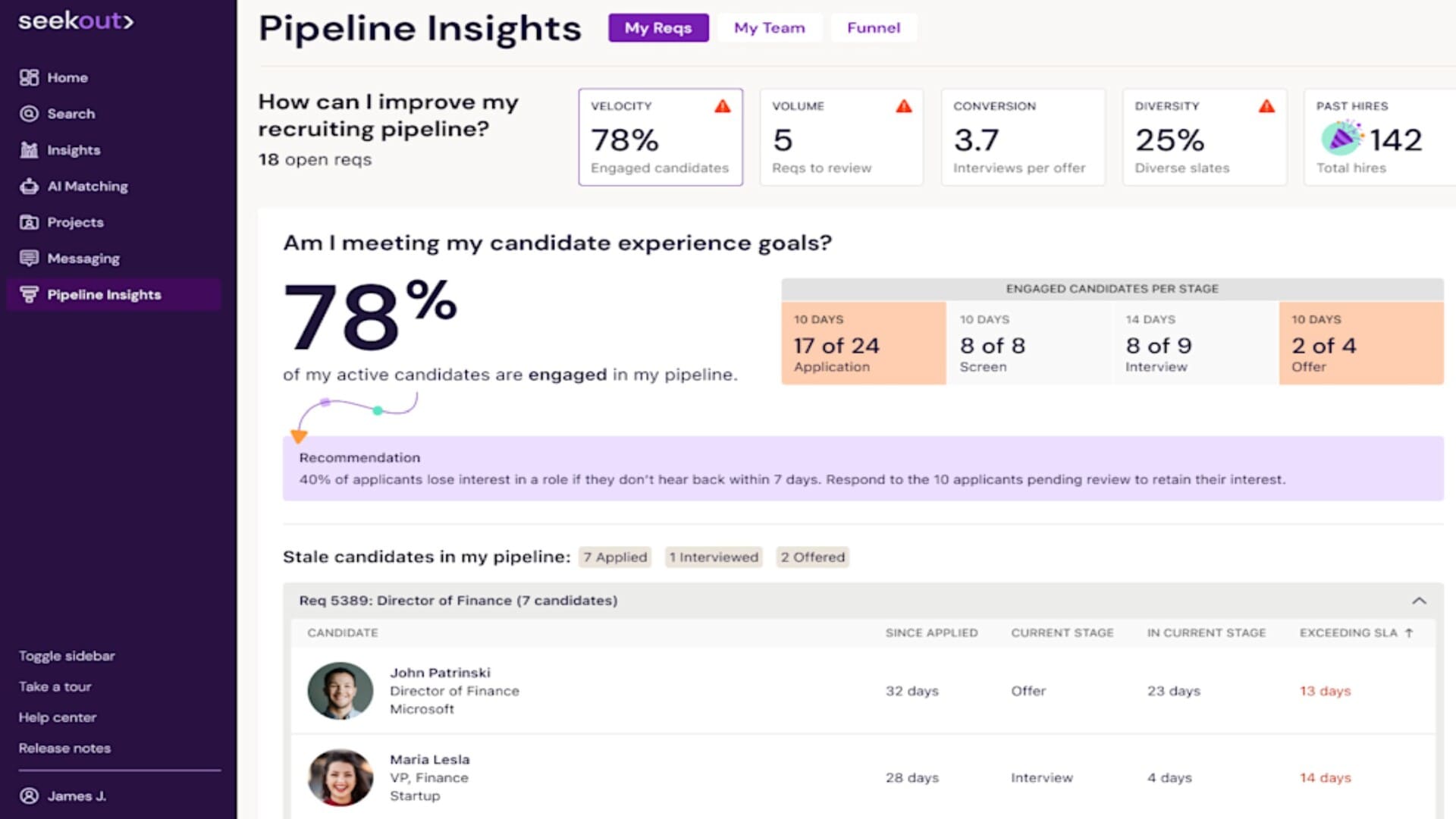 SeekOut reports on how well your business engages with sourced candidates and uses AI to recommend improvements to your process.