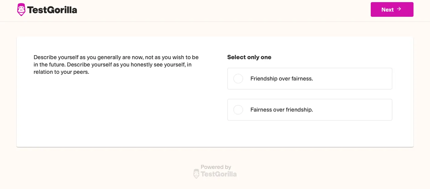 An example question from TestGorilla's Enneagram test
