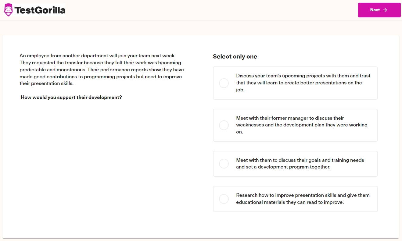 An example question from TestGorilla's Leadership & People Management test