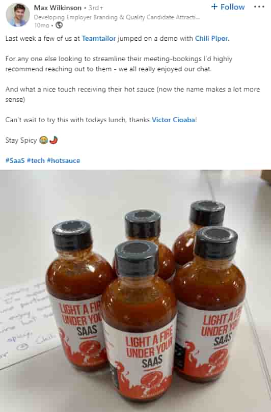 Screenshot of Teamtailor employee's happy post about the food swag he received from business client Chili Piper