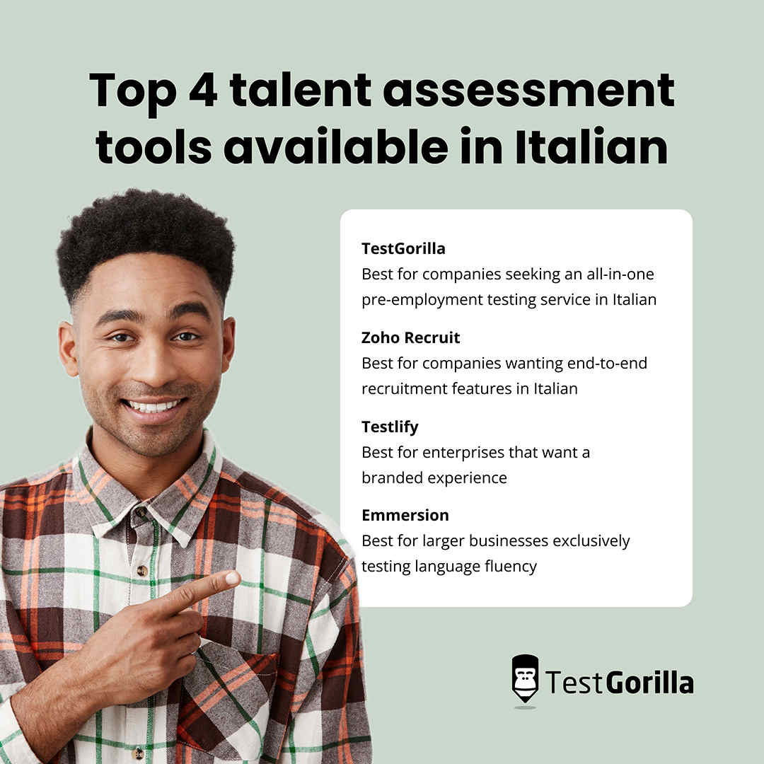 Graphic showing an explanation of the top 4 talent assessment tools available in Italian