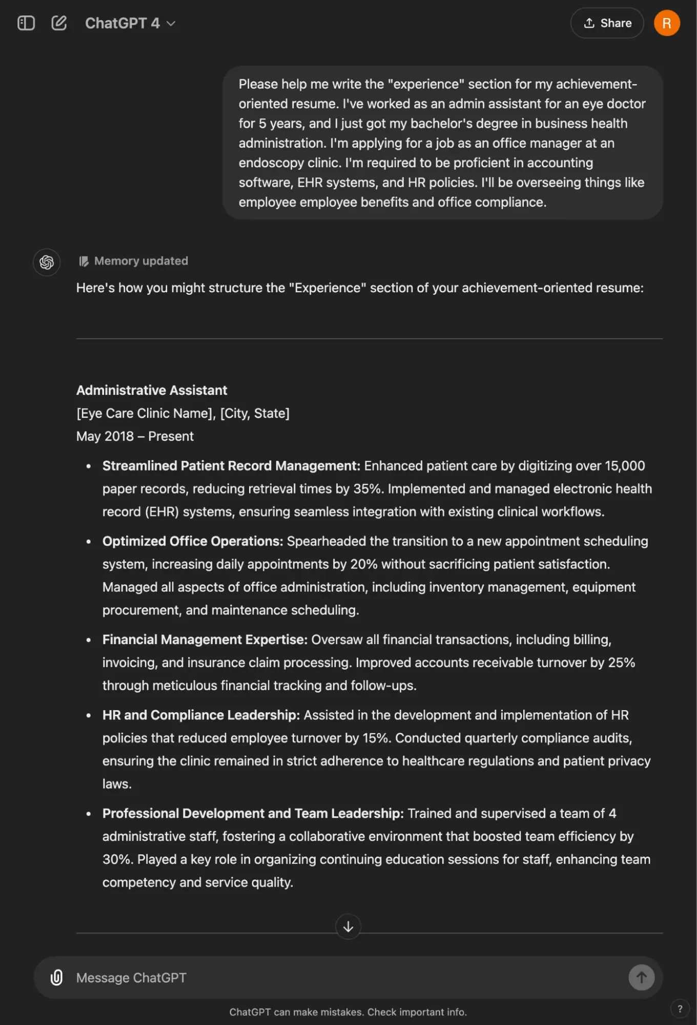 ChatGPT example of writing resume