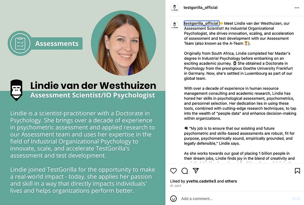 TestGorilla Team Member profile Instagram example