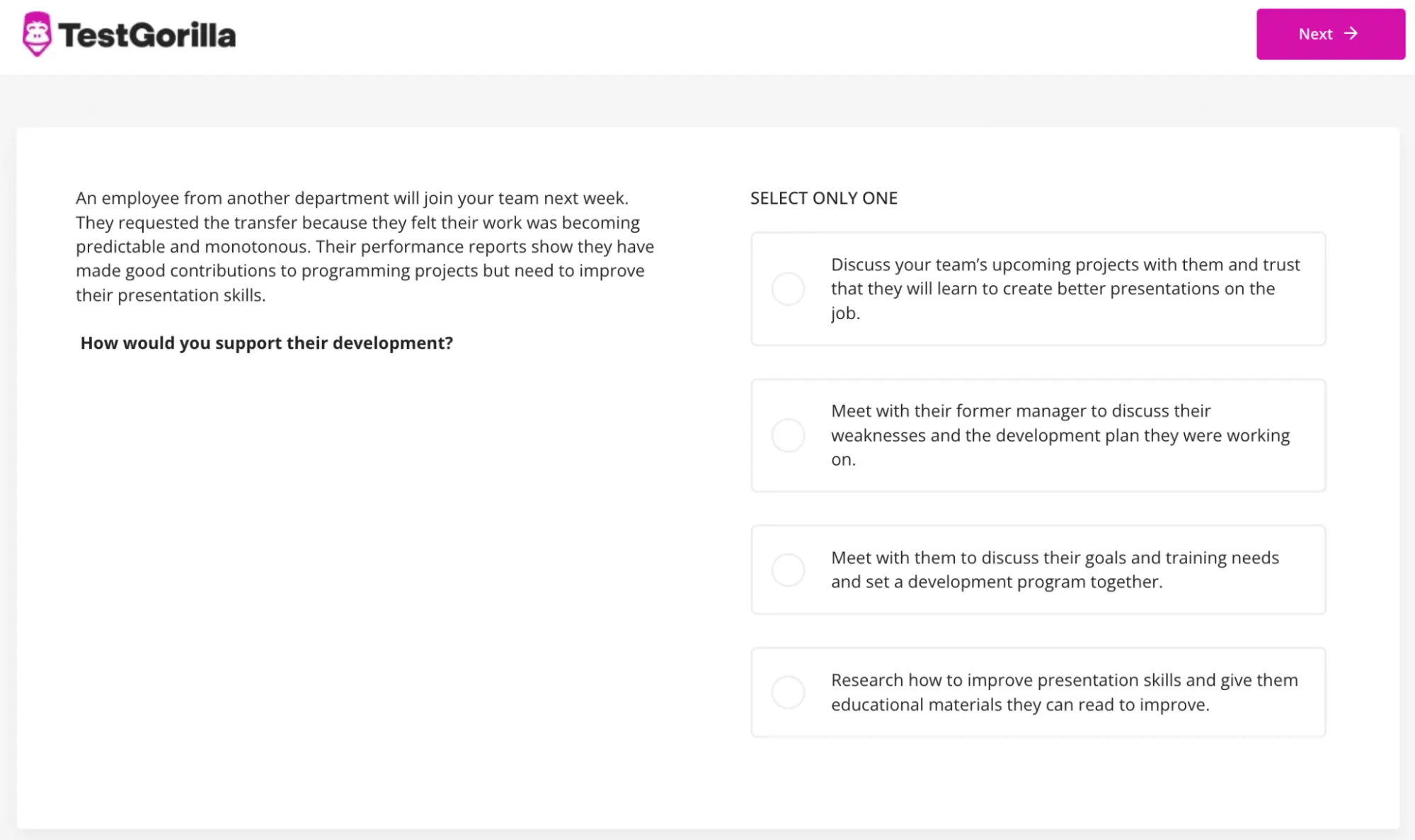 A preview question from TestGorilla-s Leadership & People Management test