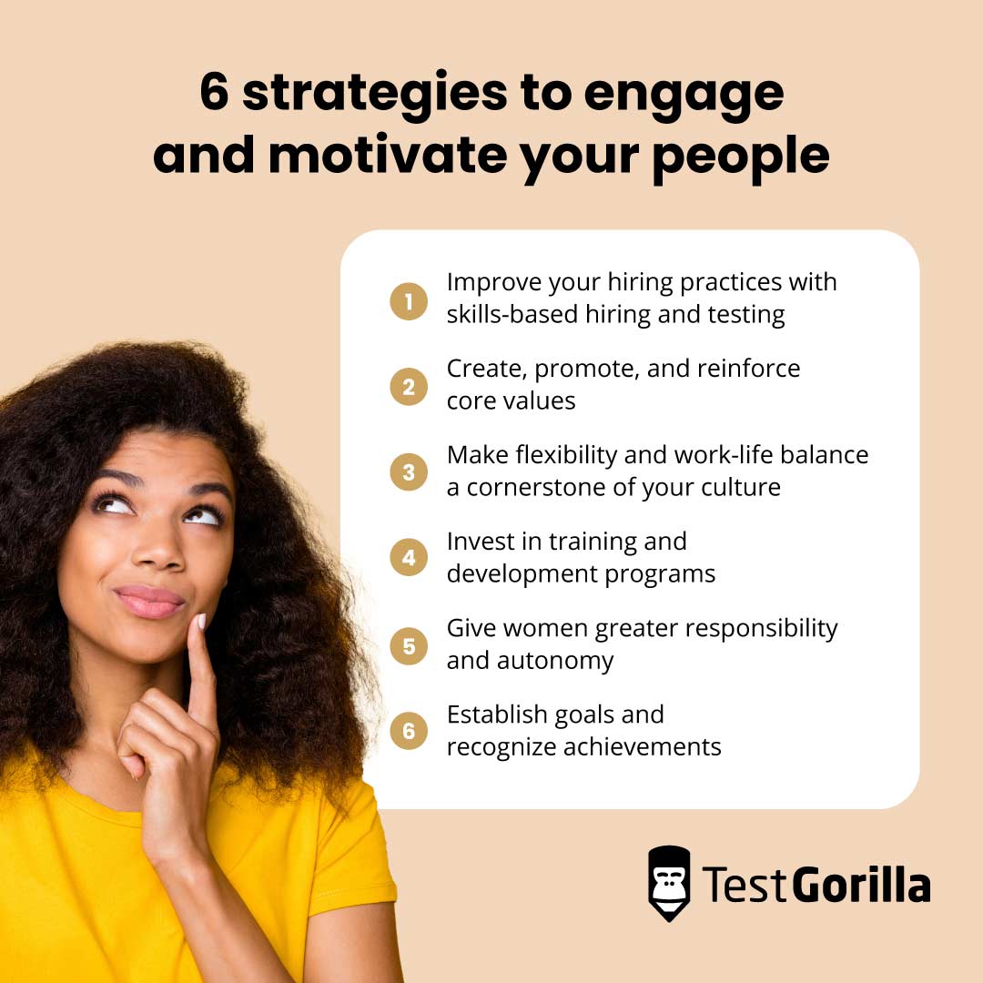 Six strategies to engage and motivate your people graphic