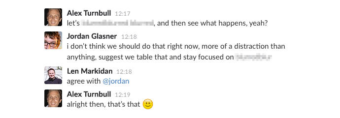 example of conversation promoting transparency and honest on Slack