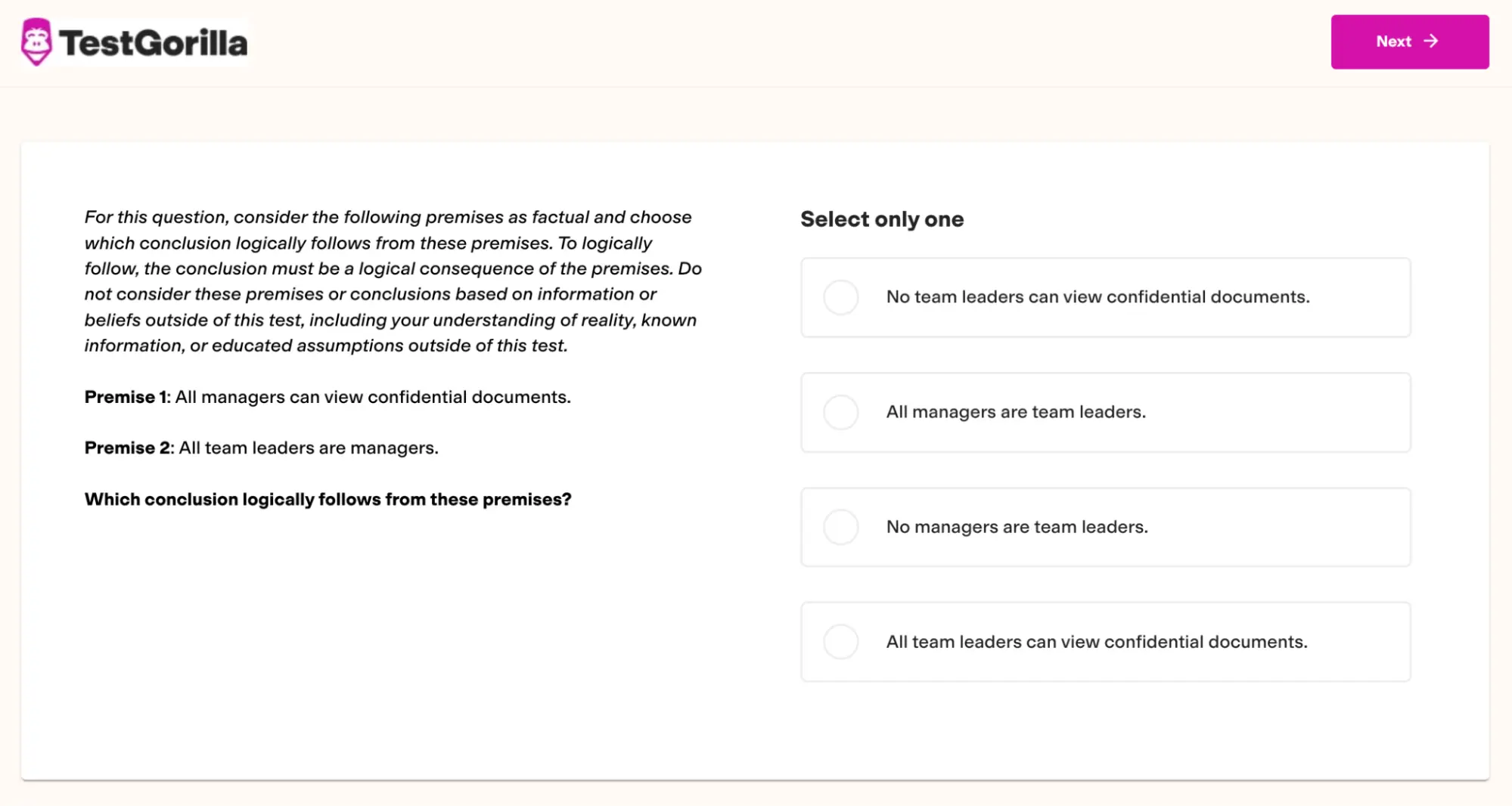 A sample question from TestGorilla's Critical Thinking test