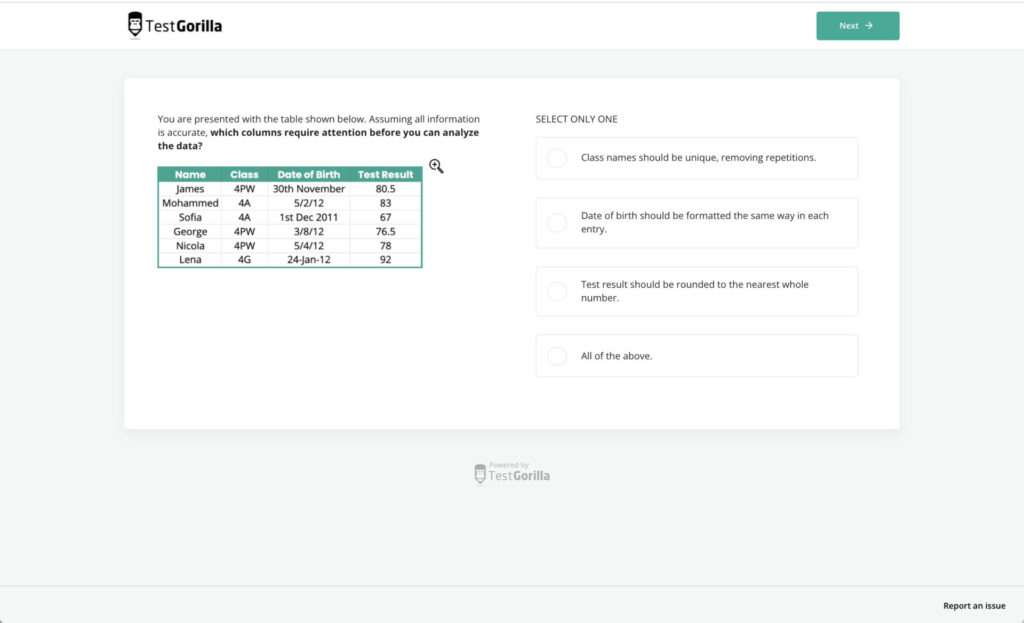 screenshot of sample question of data analysis test in TestGorilla