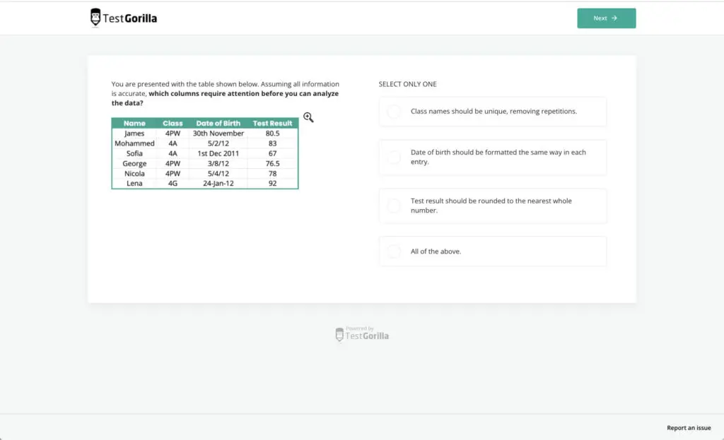 screenshot of sample question of data analysis test in TestGorilla