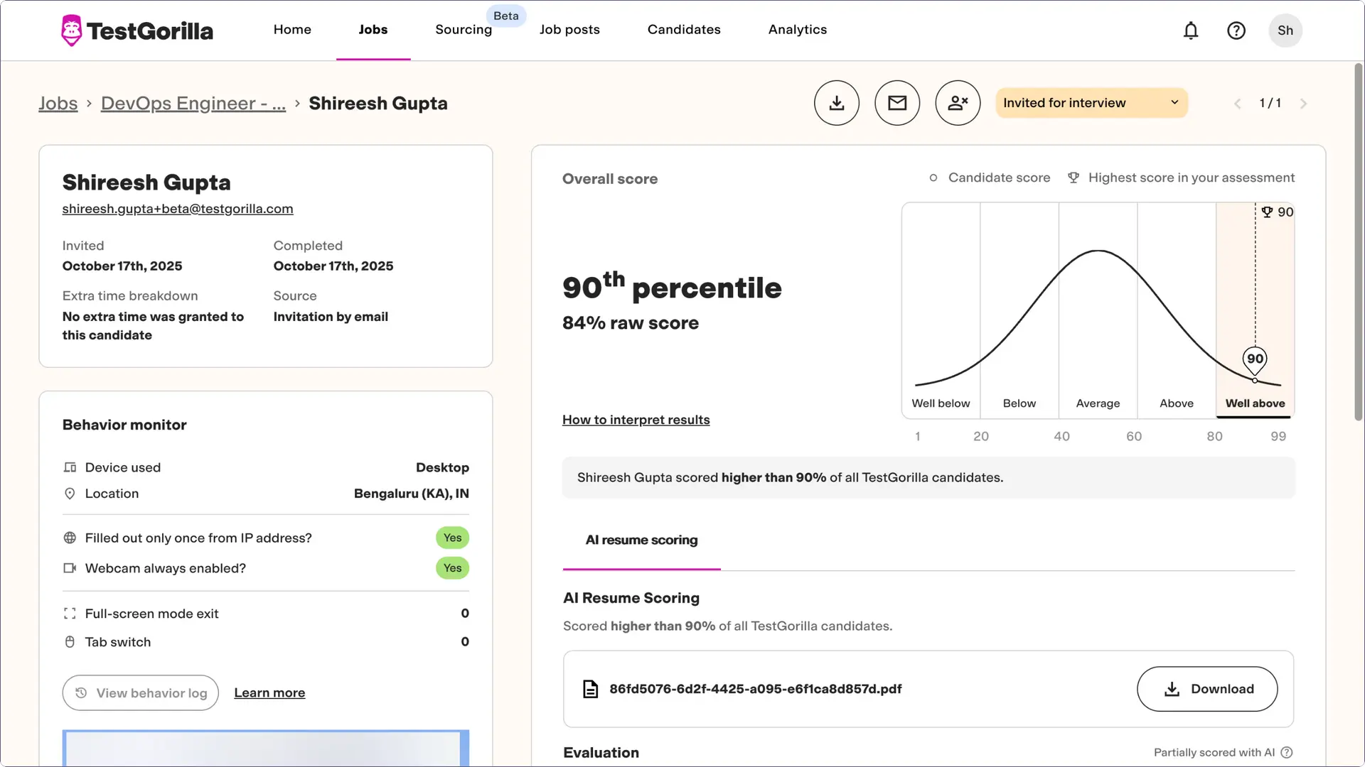 Screenshot of TestGorilla‘s AI resume scoring dashboard showing a candidate’s overall score.