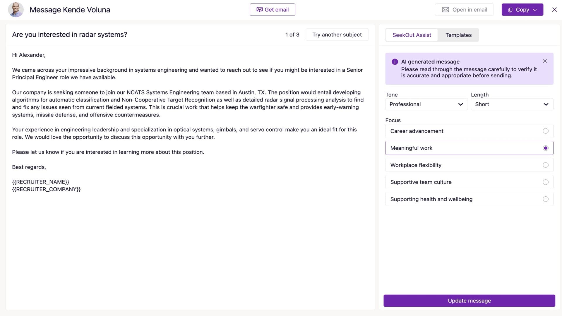 SeekOut lets you send emails to candidates directly through the platform and uses AI to draft personalized messages.

