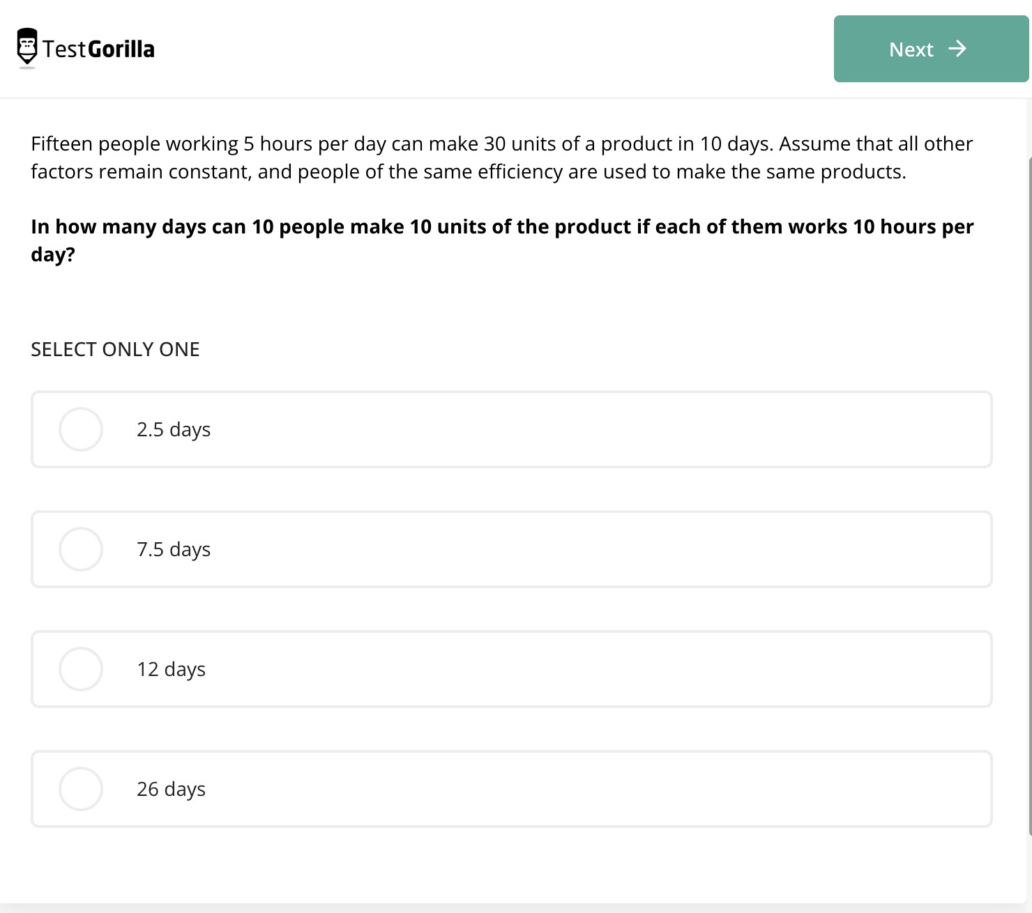 An example question from TestGorilla's Numerical Reasoning test