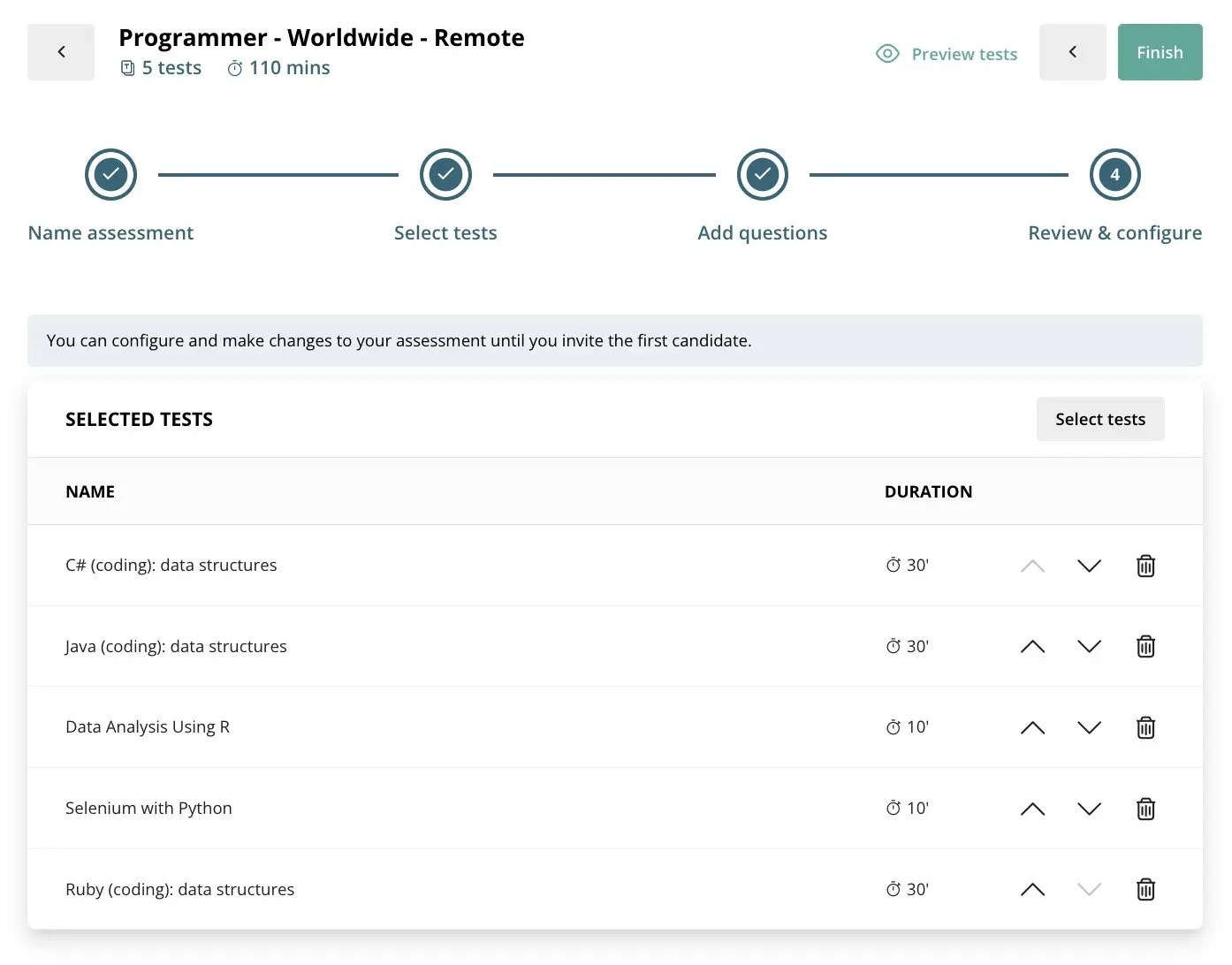 An overview of a series of talent assessments for a remote programmer, built using TestGorilla