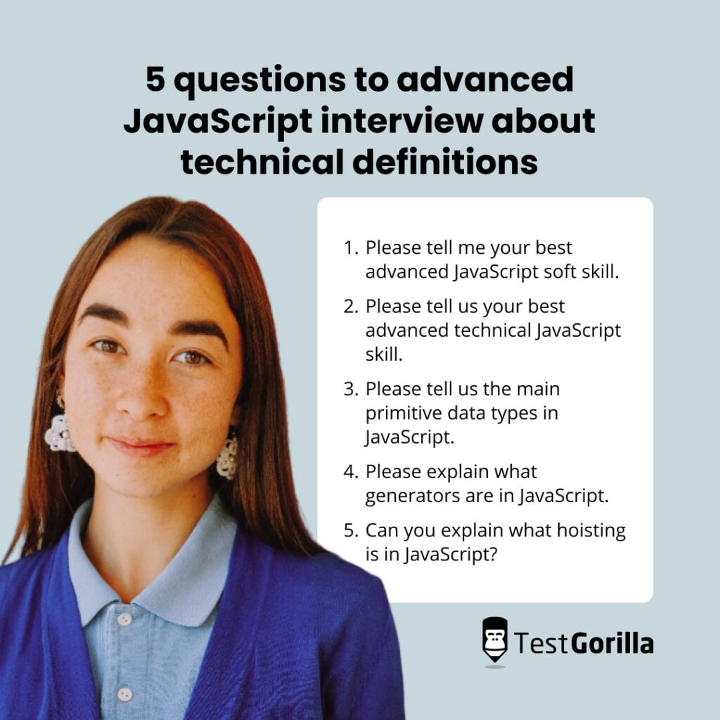 Five questions to advance JavaScript interview about technical definitions graphic
