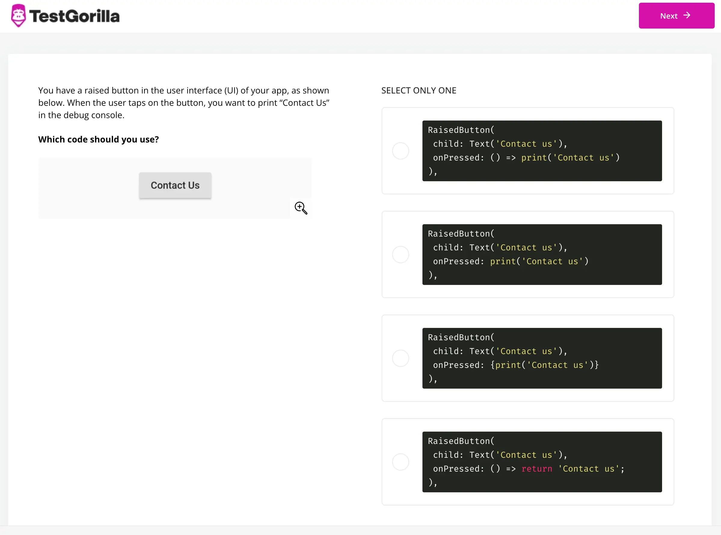 sample question of Flutter online test by TestGorilla