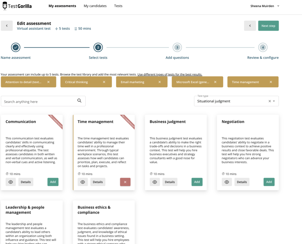 Screenshot zu „Fähigkeiten für eine virtuelle Assistentenstelle in TestGorilla auswählen“