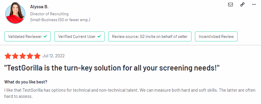 Screenshot of a review for TestGorilla