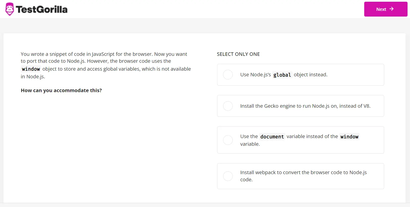 An example question from TestGorilla's Node.js test