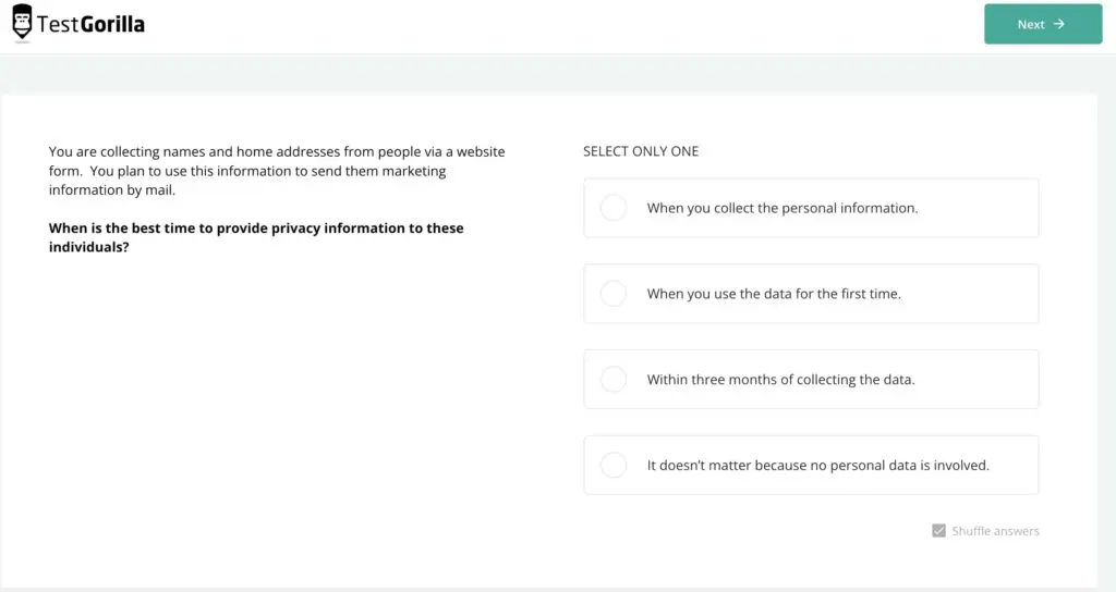 screenshot of TestGorilla's GDPR and privacy test question