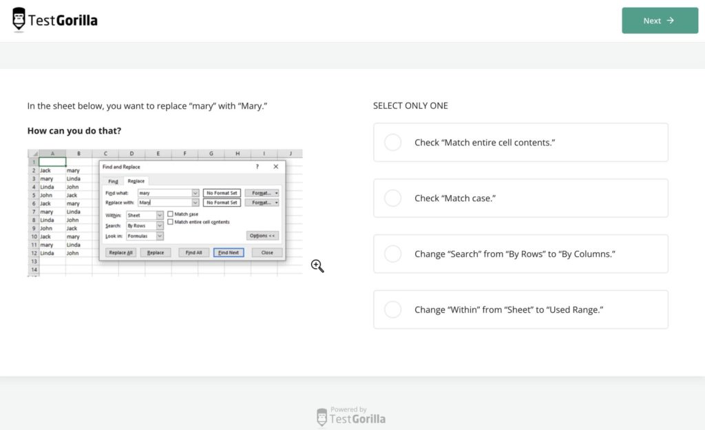 Captura de pantalla de una pregunta de ejemplo de la prueba avanzada de Microsoft Excel de TestGorilla