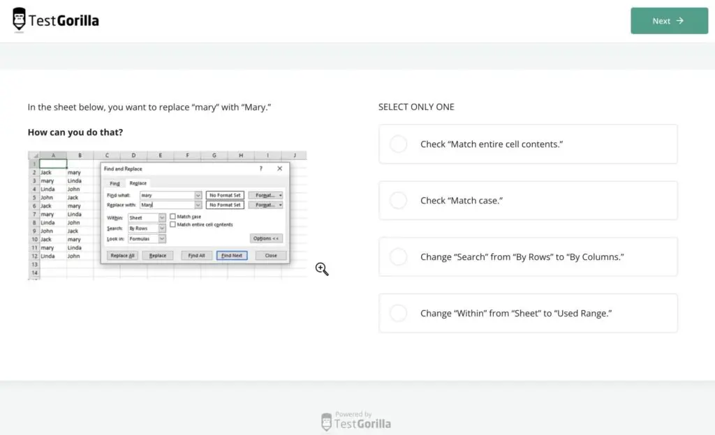 Captura de pantalla de una pregunta de ejemplo de la prueba avanzada de Microsoft Excel de TestGorilla