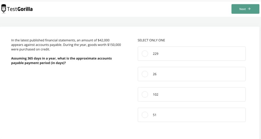 preview of accounts payable skills test in TestGorilla