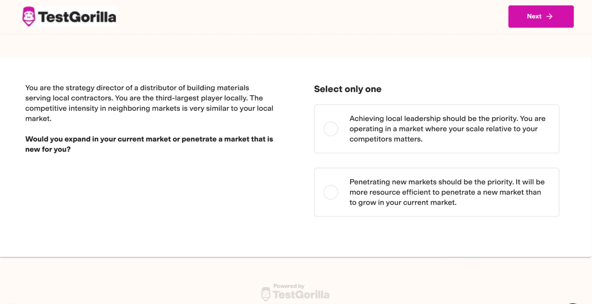 An example question from TestGorilla's Business Judgment test