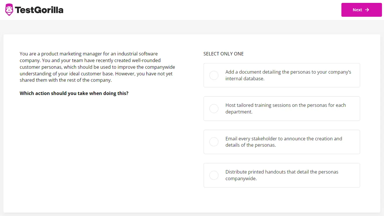 An example question from TestGorilla's product marketing management test