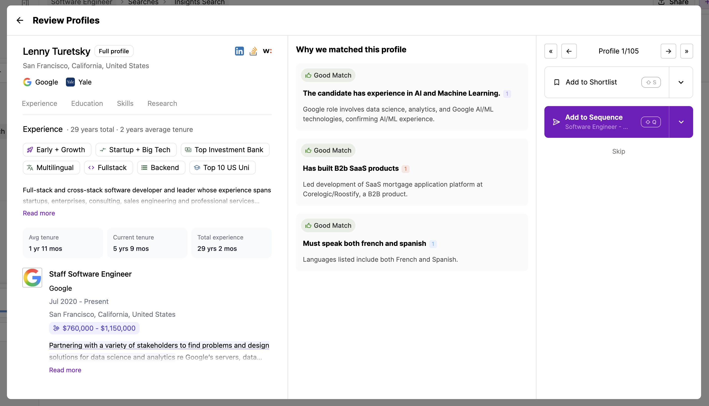 Juicebox review panel titled Why we matched this profile, showing a Good Match label and a line of evidence under each of three criteria

