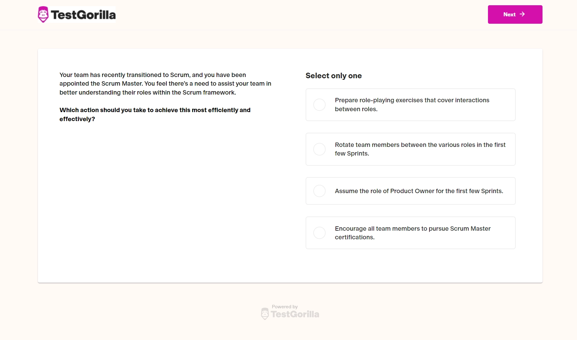 An example question from TestGorilla's Scrum Master test