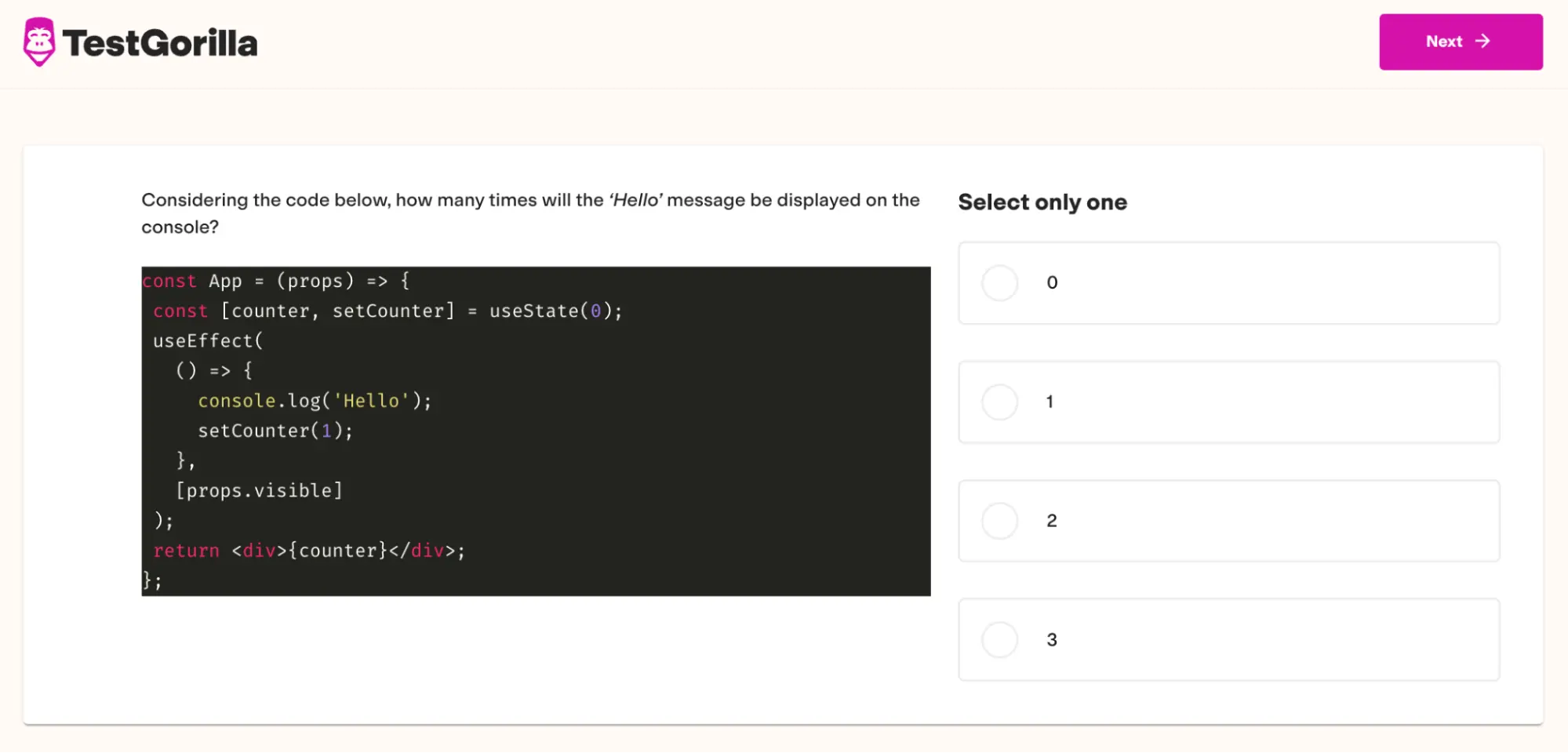 An example question from TestGorilla's React test