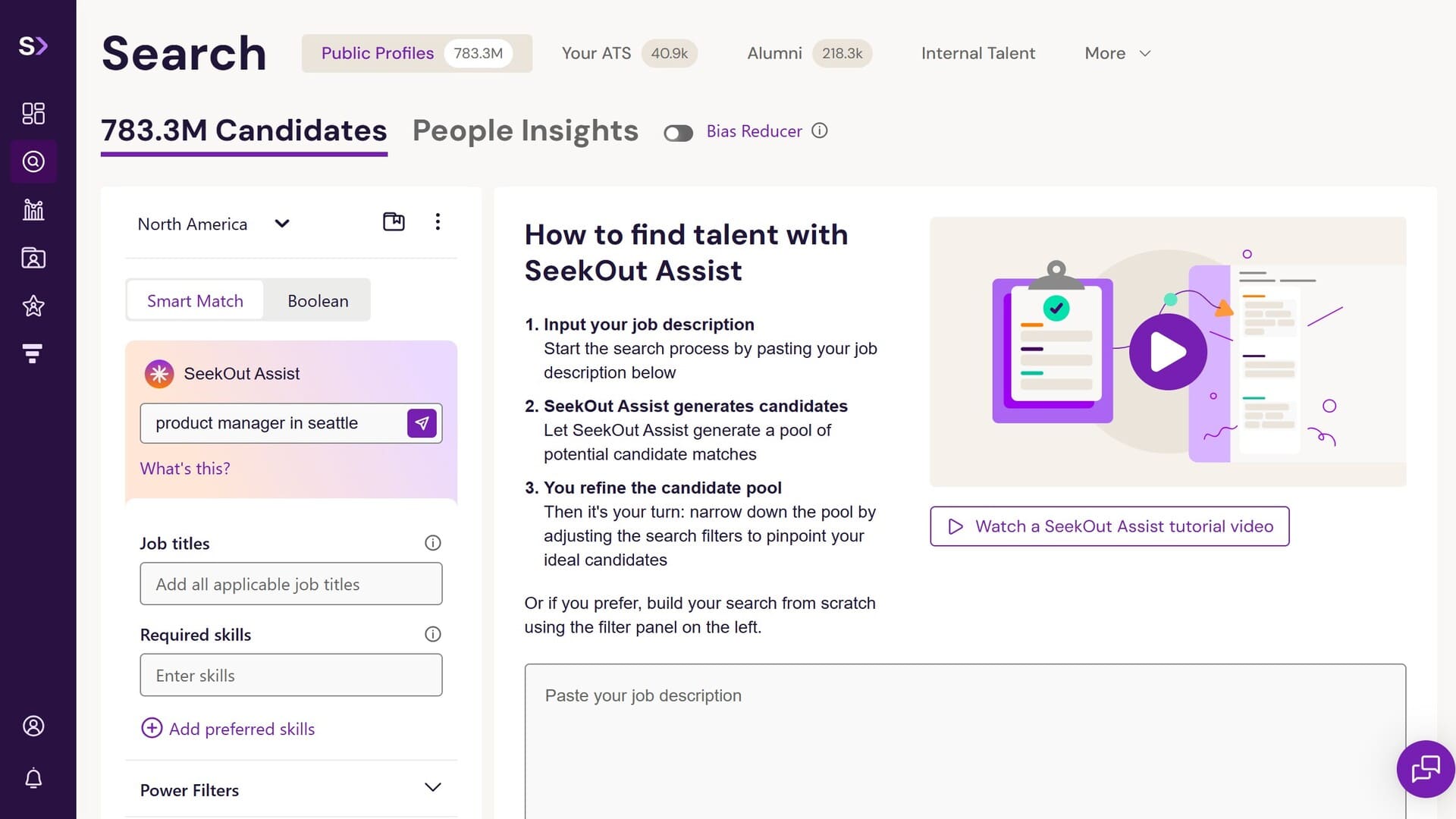 SeekOut’s candidate search interface with filters and instructions
