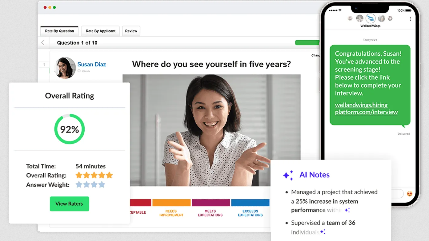 Screenshot of a Vidcruiter marketing image showing a candidate video interview with AI note-taking.