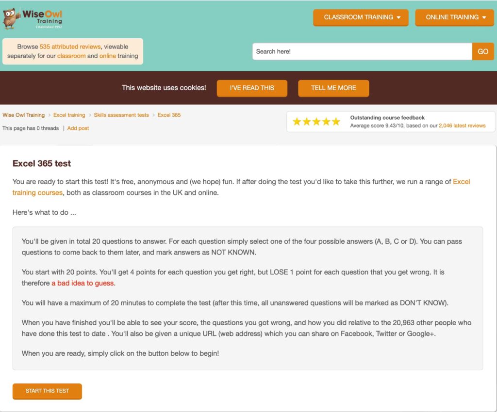 screenshot Wise Owl Excel 365 skills test
