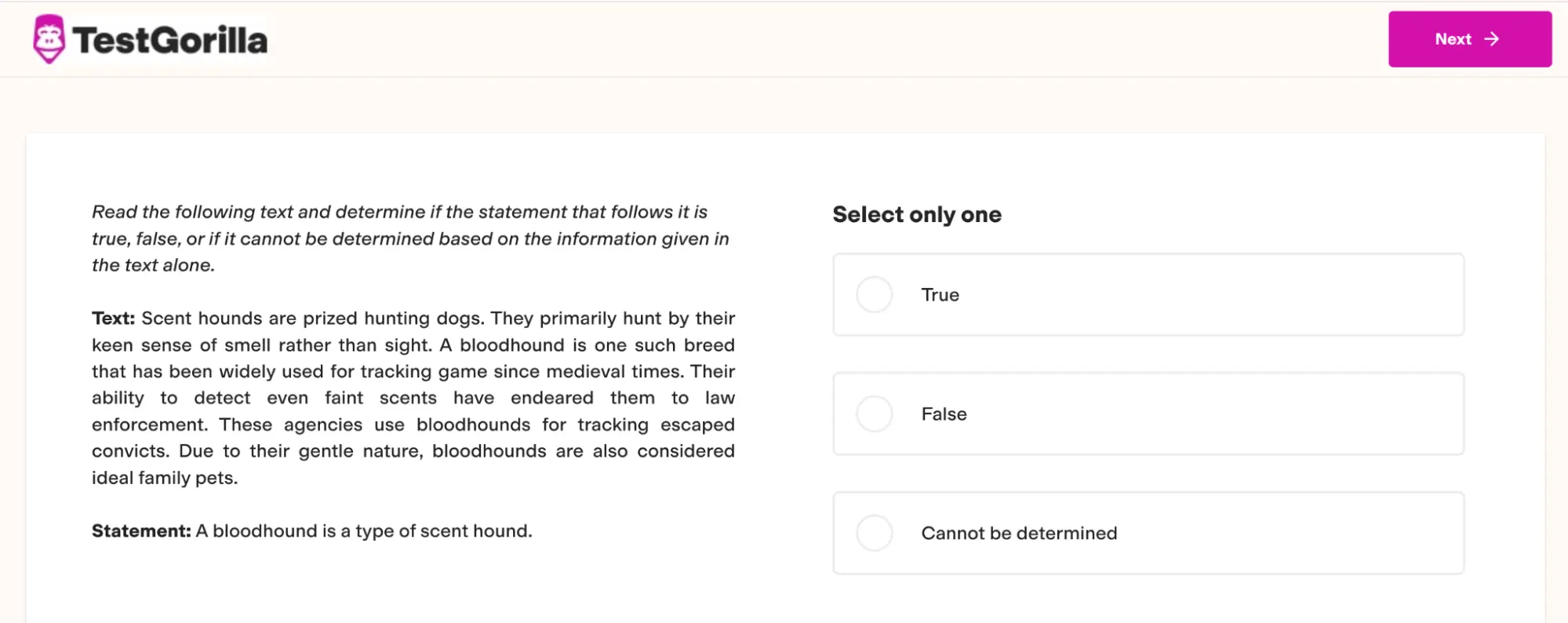 An example question from TestGorilla's Verbal Reasoning test
