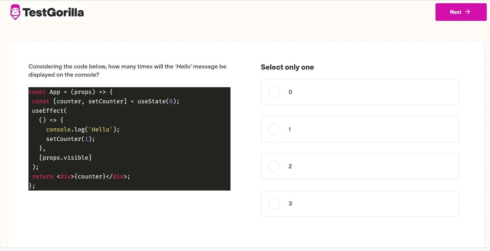 An example question from TestGorilla's React test
