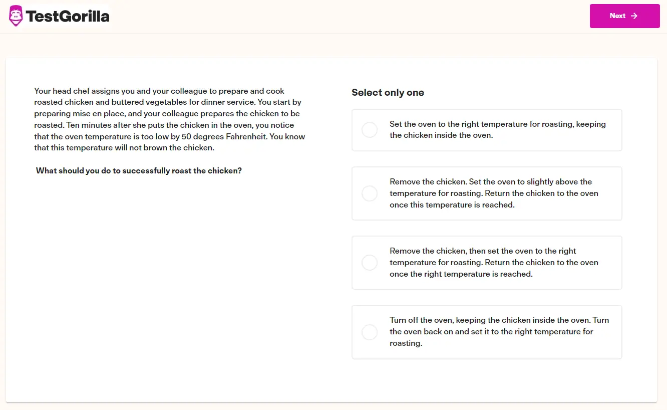 An example question from TestGorilla's Cooking Techniques test