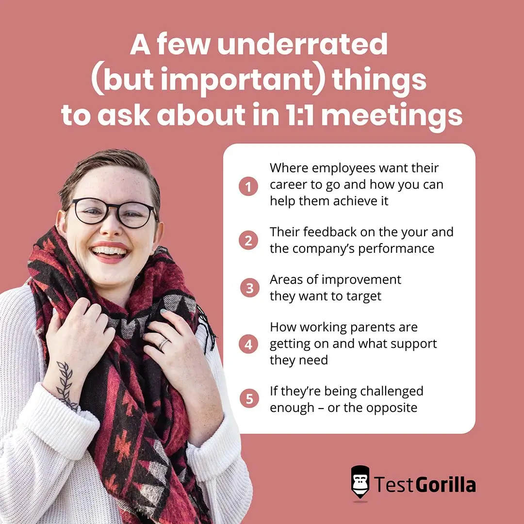 Important things to ask about in 1:1 meetings graphic