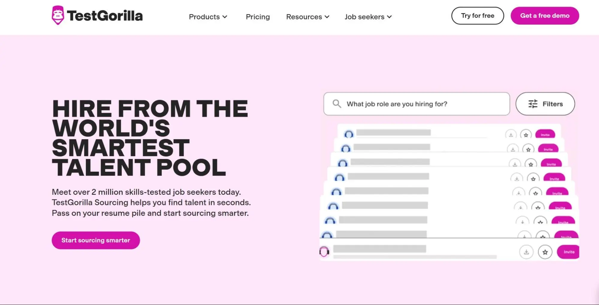 TestGorilla Sourcing homepage with text Hire from the world’s smartest talent pool