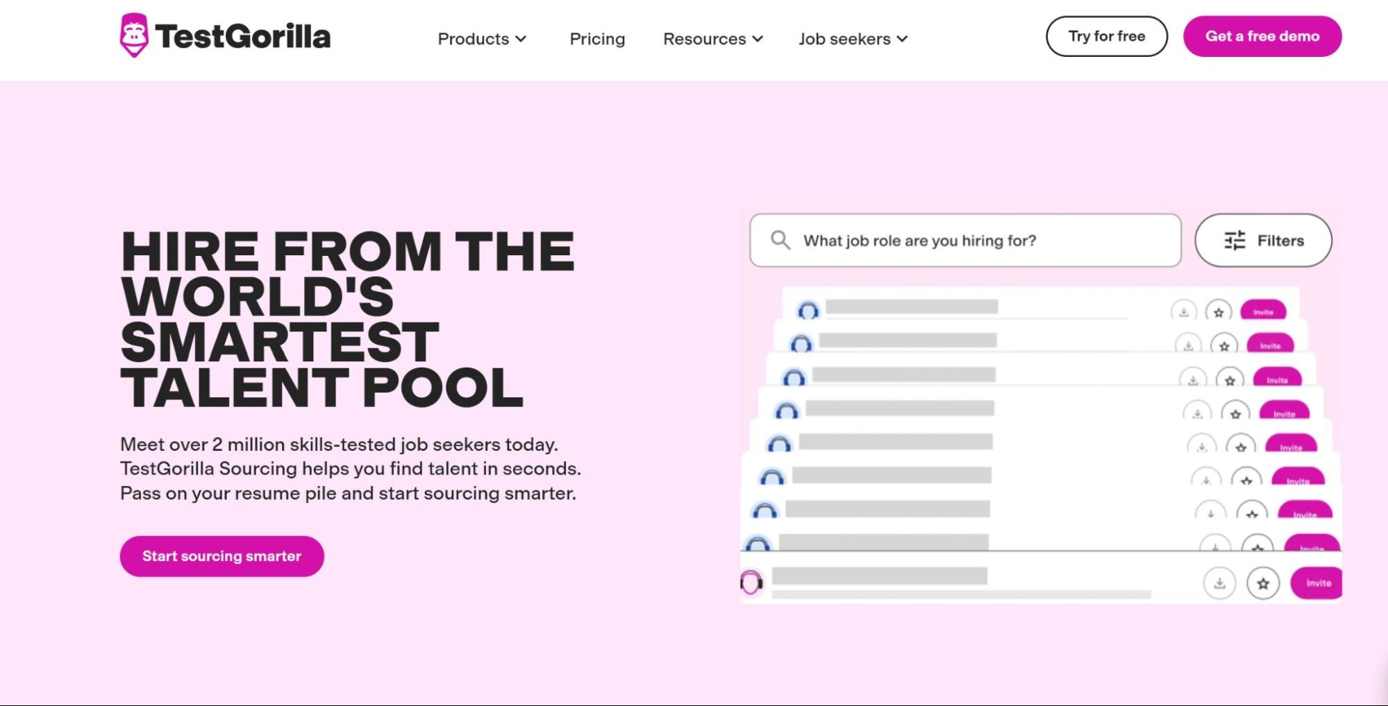 TestGorilla Sourcing homepage with text “Hire from the world’s smartest talent pool