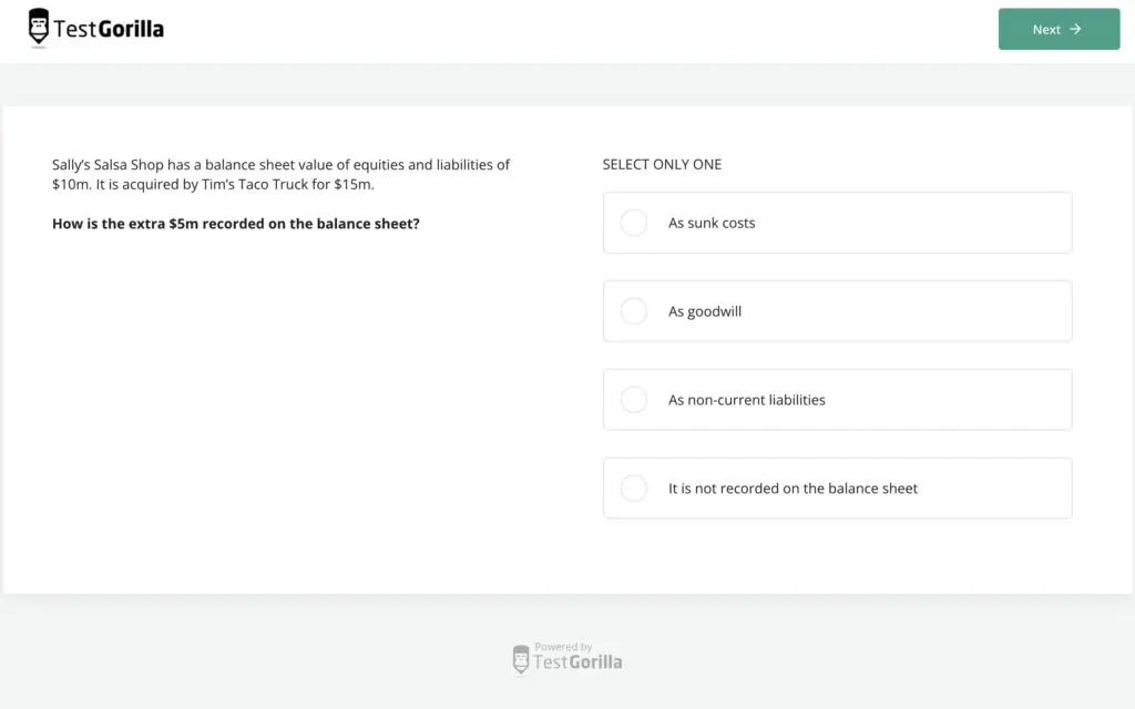 screenshot sample question of TestGorilla's financial modeling in Excel test