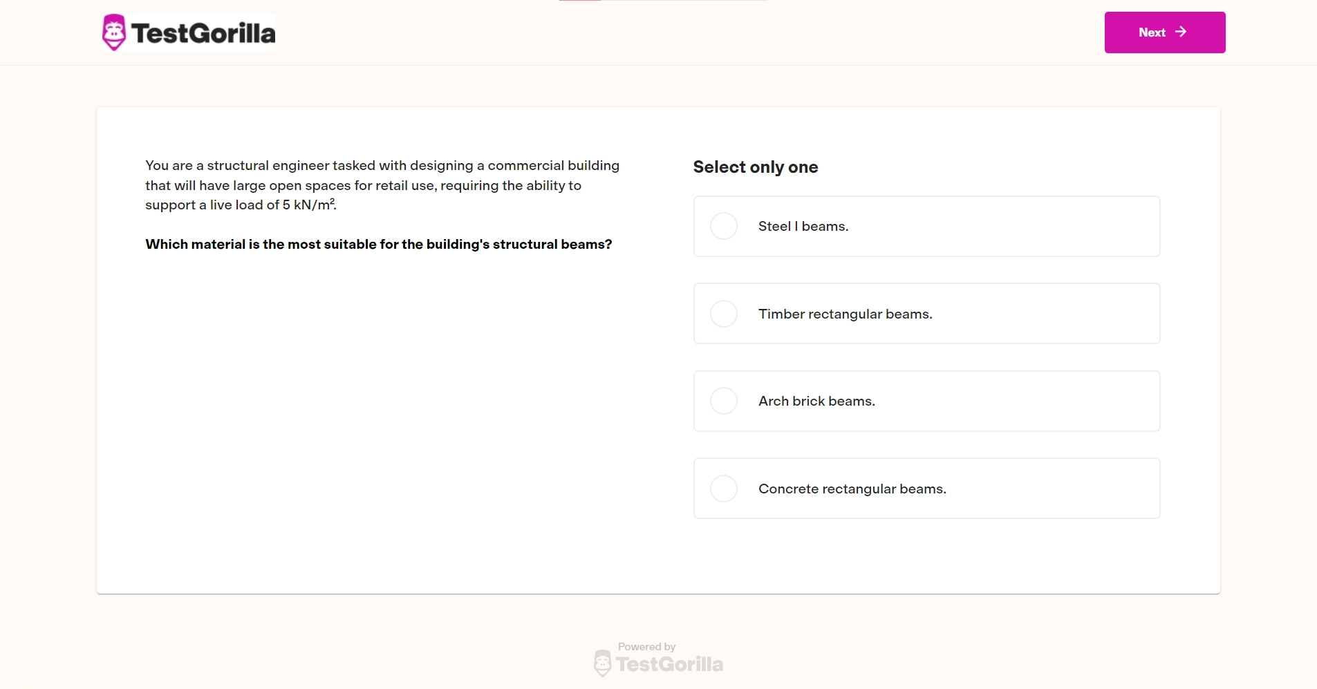 An example question from TestGorilla's Structural Engineering test