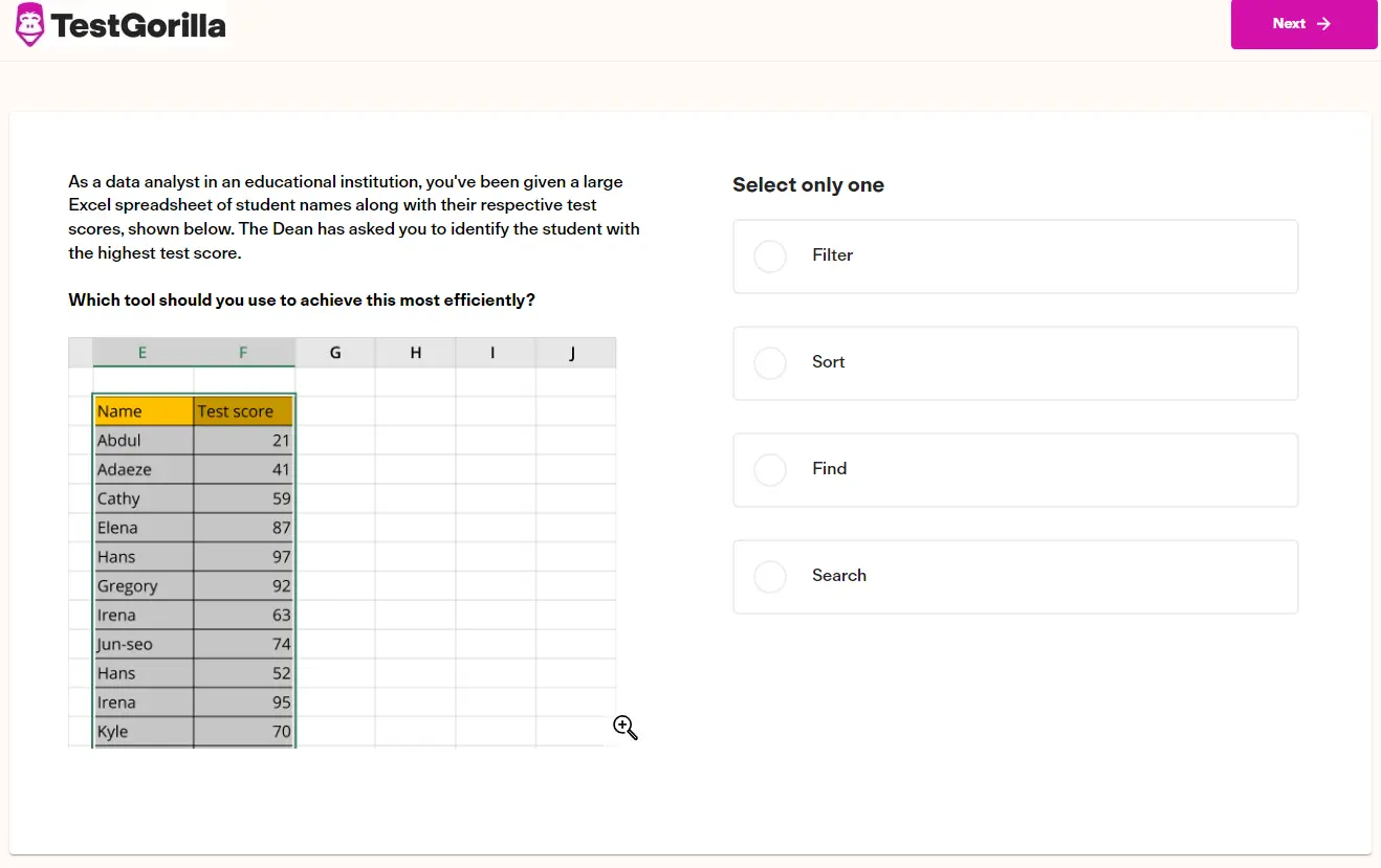 an example question from TestGorilla's Microsoft Excel (General) test screenshot