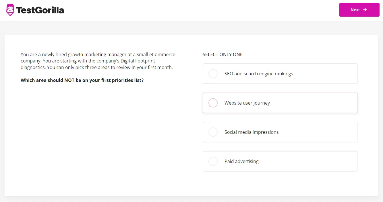 An example question from TestGorilla's B2C growth marketing test