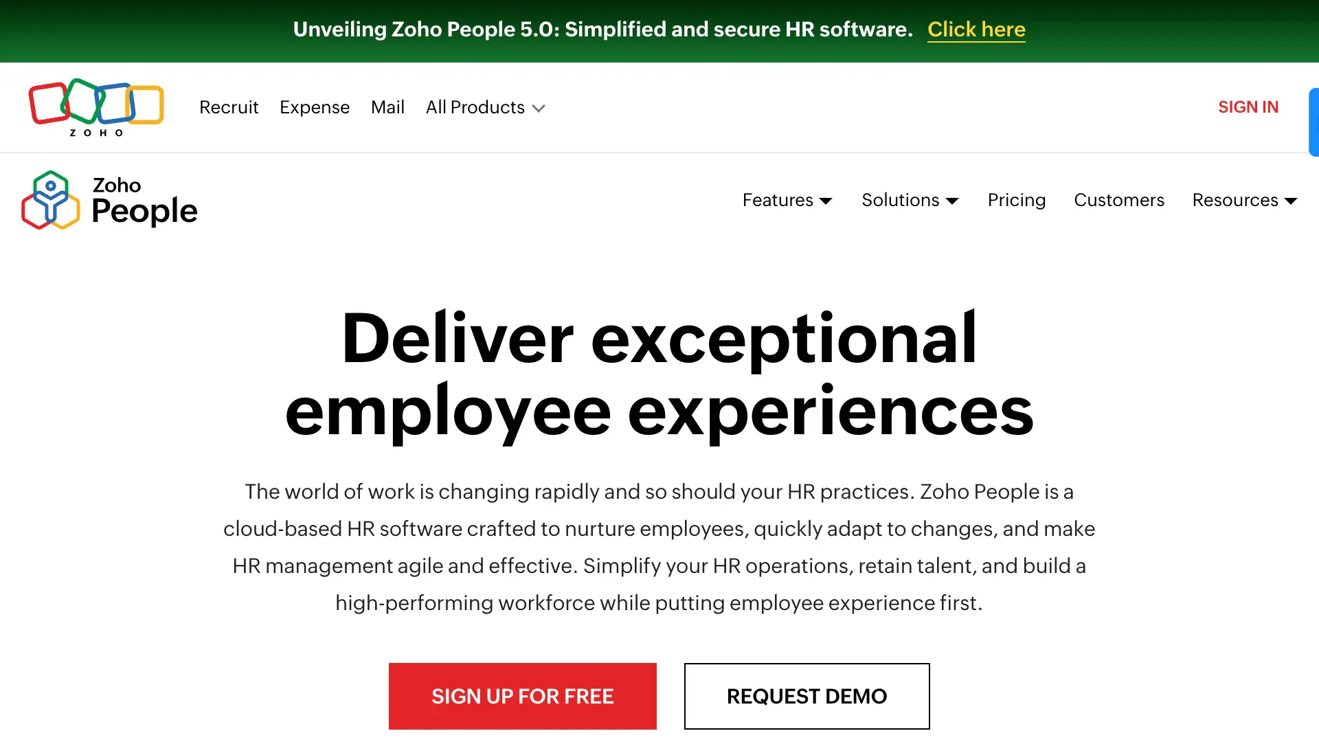 Zoho People Homepage screenshot