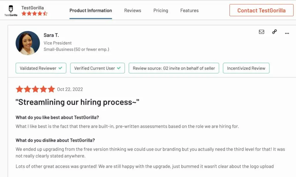 Screenshot of TestGorilla positive Review about streamlining hiring processes for a company