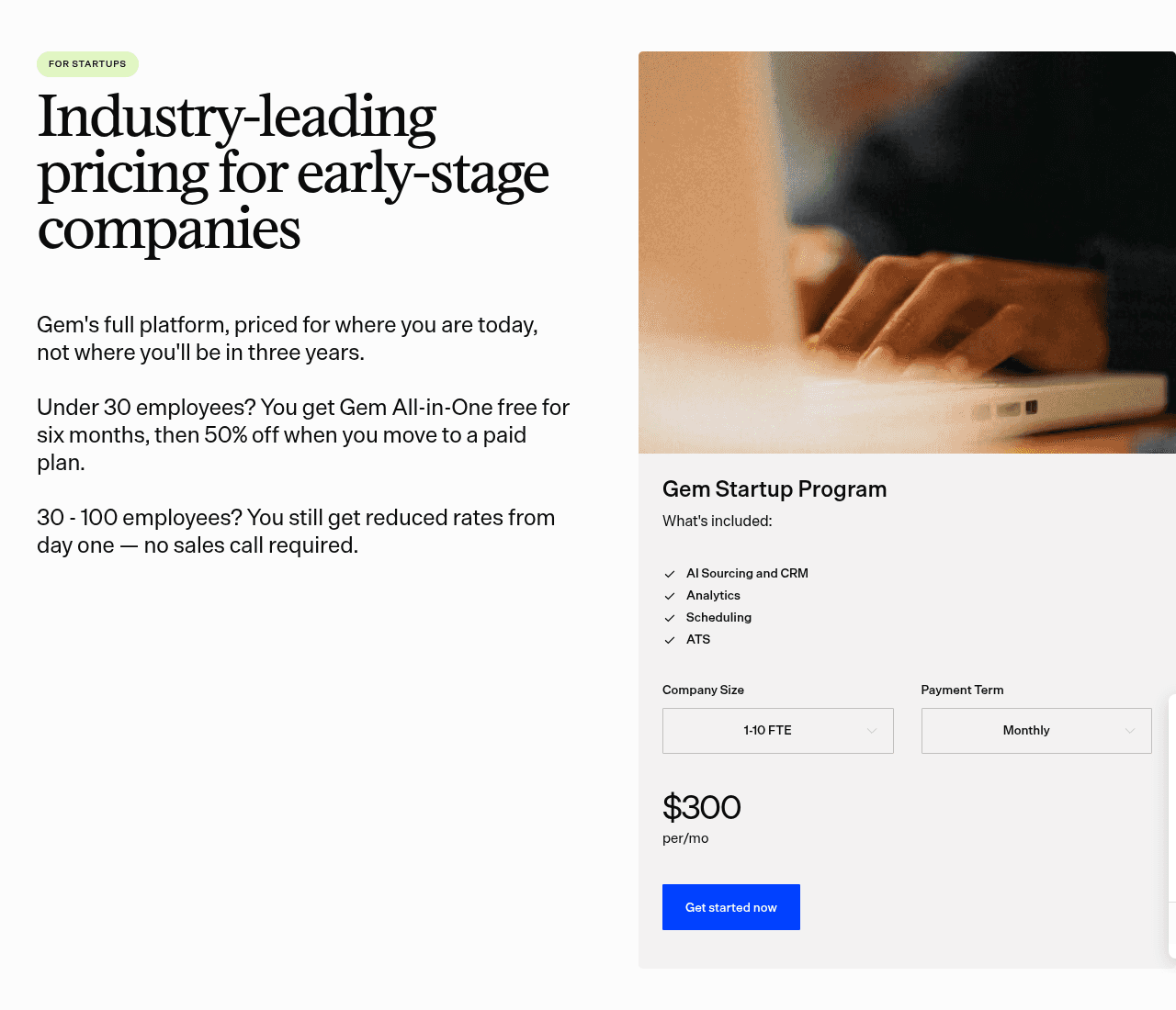 Gem's pricing page with monthly billing selected: custom pricing for Gem + Your ATS and Gem All-in-One, and the Startup Program card showing $300 a month for 1 to 10 employees